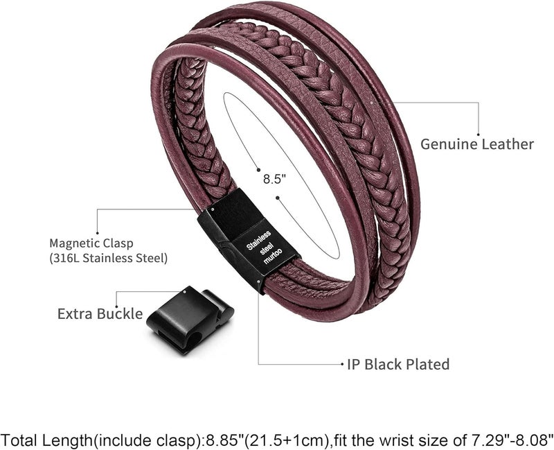 Murtoo Mens Leather Bracelet with Clasp Cowhide Multi-Layer Braided Leather Mens Bracelet - Image 2
